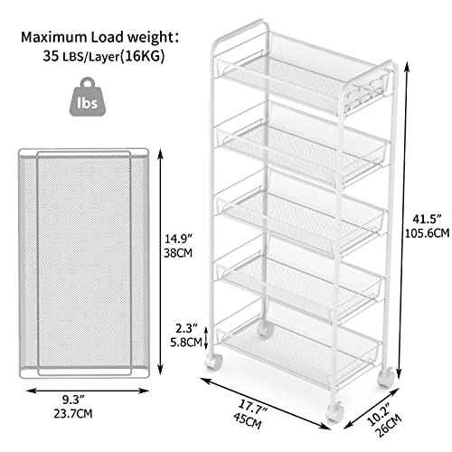 JANE EYRE 5-Tier Rolling Utility Storage Rack Cart on Wheels, Trolley Craft cart, Multi-Purpose Organizer Shelf, White