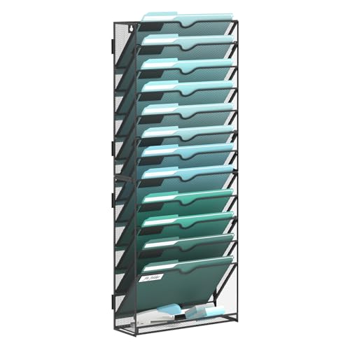 SUPEASY 13-Tier Wall File Organizer, Hanging Wall Files for Papers, Folders, Magazines, Wall Organizer for Clipboard, Assembly Needed, Black