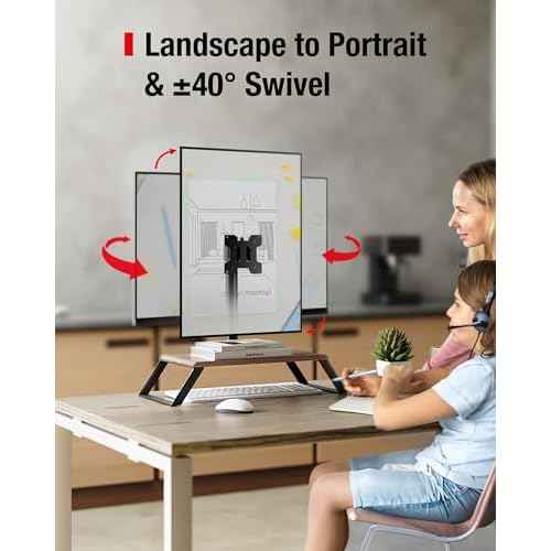 Monitor Riser for 12-27 Inch LED/OLED Screen, Landscape to Portrait Rotation and Height-Adjustable VESA Monitor Stand up Load 22lbs, Desktop Stand with Wooden Base, Walnut