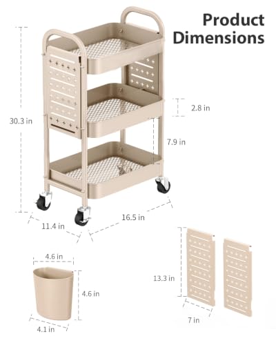 ALVOROG Khaki 3-Tier Metal Rolling Utility Cart with Pegboards, Baskets & Hooks