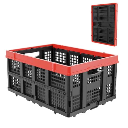 49L Collapsible Crate, Milk Crate for Storage, Foldable Storage Crate, Stackable Crate for Organizing for Home, Shopping, Camping, School, Office, Warehouse, Red
