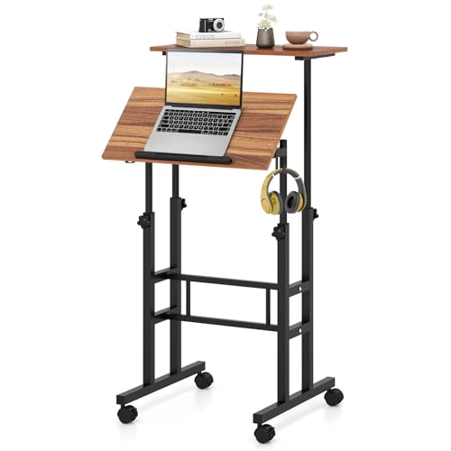 Giantex Mobile Standing Desk, Portable Stand Up Desk Adjustable Height with Wheels, Tilting Tabletop & Hanging Hooks, Home Office Computer Workstation