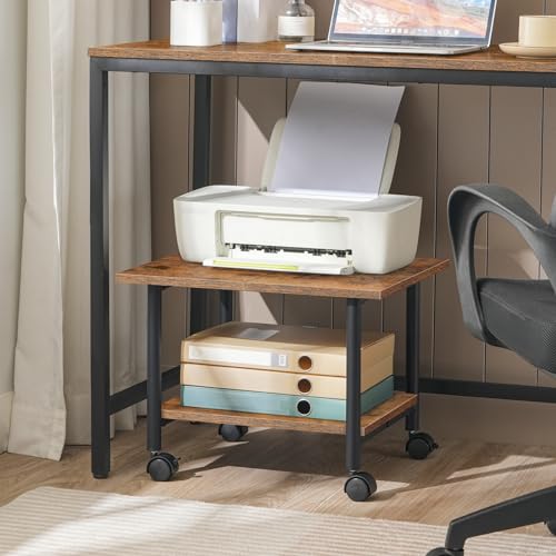 HOOBRO Printer Stand, 2-Tier Industrial Under Desk Printer Cart with Shelf, Mobile Heavy Duty Storage Rack on Wheels for Home, Office, Rustic Brown and Black BF02PS01G1