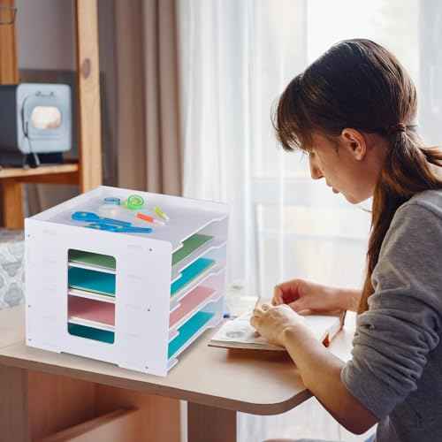 Juexica 2 Pack 5 Tier Scrapbook Paper Organizer 12.6 x 12.6 Inches File Organizer for Desk Stackable Paper Trays Holder Home Office Decorations