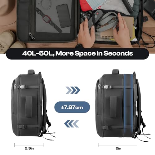 Carry on Backpack, 50L Expanable Travel backpack,TSA Airplane Approved, Daypack Weekender Bag Fits 17 Inch Laptop, Travel Gifts for Men, Black