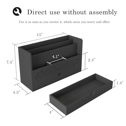 Bamboo Mail Organizer Countertop Desktop with Drawer - Desk Organizer with File Organizer for Office Supplies All-in-One Desk File Organization with Pencil Holder for Paper Letter Envelope Bill