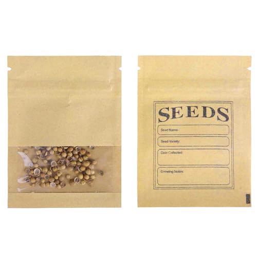 FERENLI 100 Pack Seed Envelopes with Clear Window, Resealable Kraft Paper Packets - 2.7x3.7 Inch