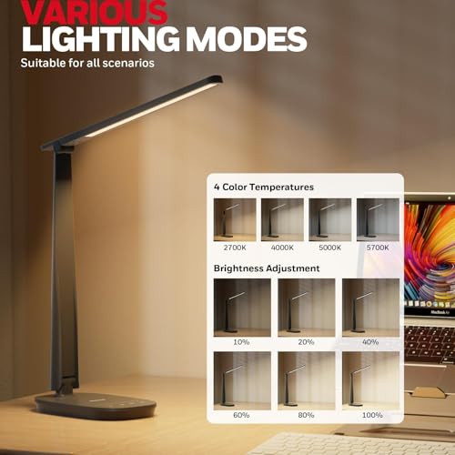 HONEYWELL LED Desk Lamp - HWT-H2 Sunturalux¢â Eye-Caring Foldable Desk Light with USB A+C Dual Charging Port 4 Color Modes Dimmable Table Lamp for Home Office Bedroom Reading Study Work - Black