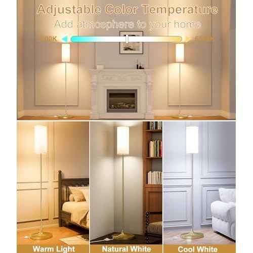 luckystyle LED Floor Lamp for Living Room, Dimmable Standing Lamps with Foot Switch,Remote Custom Color Temperature Gold Pole Lamp with Lampshade,12W Led Bulb Tall Lamps for Bedroom Office Kid Room