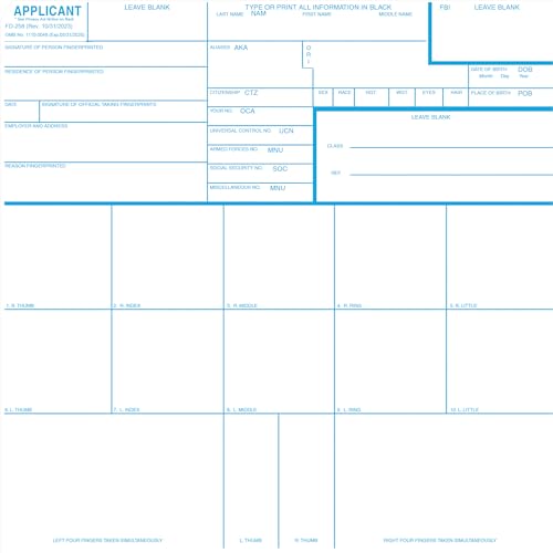 Crime Scene FD-258 Fingerprint Cards, 50-Pack (Version 10/31/2023) for Applicants
