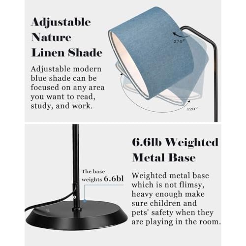 ELYONA LED Floor Lamp with 3 Color Temperatures, Modern Reading Standing lamp with Blue Linen Adjustable Hanging lampshade, Tall Pole Metal Lamp with 9W Bulb for Bedroom, Living Room, Office