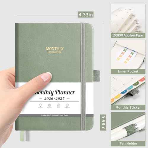 2026-2027 Monthly Planner, Jan 2026 - Dec 2027, Pocket Size (4.3" x 5.9"), 2026-2027 Calendar, 24 Self-adhesive Monthly Tabs, Leather Hardcover, 100 GSM Thick Paper (Light Green)