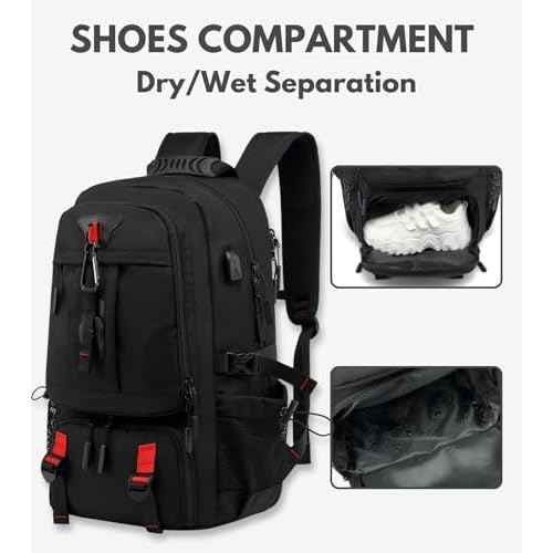 Large Laptop Backpack with Shoe Compartment, Waterproof Rucksack 15.6/17 Inch, Travel School Gym Work College Bags for Men (Black, XL(60L))