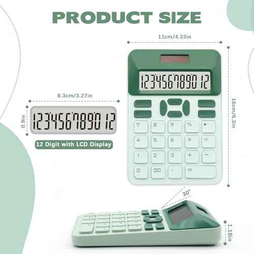 Green Basic Calculator with 12 Digit LCD Display - Cute for Office, Home, School