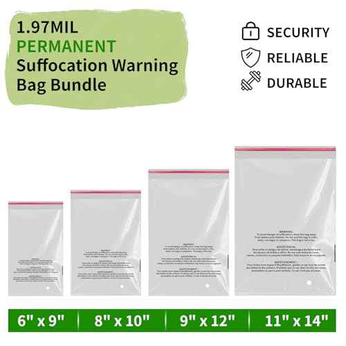 MFLABEL 400-Count Poly Bag Combo Pack (6x9,8x10,9x12,11x14) | Safety-Sealed Clear Plastic Bags with 3-Language Warnings + Hanging Holes | Industrial Strength Shipping Supplies