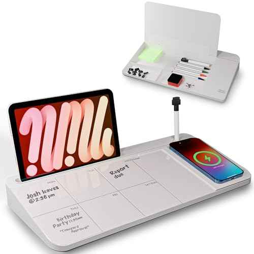 NEXTLUXE Glass Desk Whiteboard with Wireless Charger - Desktop Whiteboard with Storage, Weekly Planner, Dry Erase Pad, Organizer Drawer for Home, School, Office Gadgets ? White