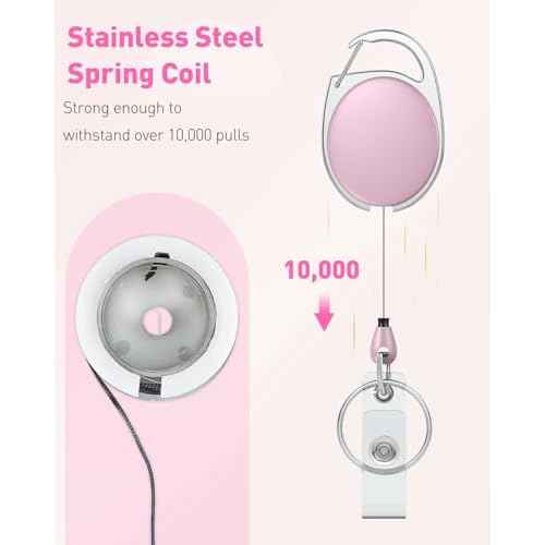 Uniclife 2 Pack Retractable Badge Reel for Badge Holder Pink Heavy Duty Retractable Keychain Strong ABS Casing with Stainless Steel Spring Coil 24 Inch Nylon Rope Carabiner Clip and Key Ring