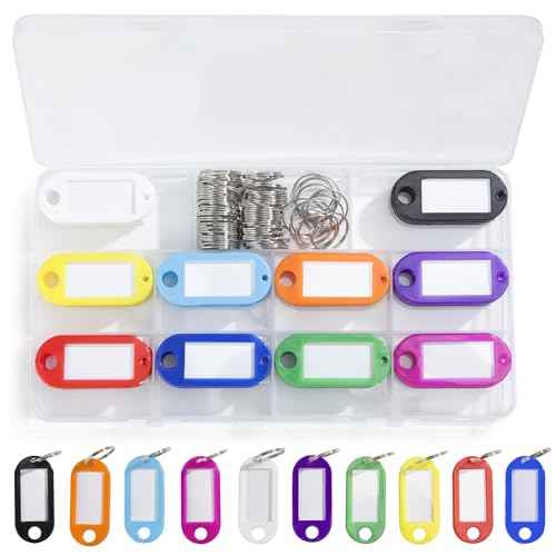 50pcs Key Ring Tags - 10 Colors with Opening Ring and Labels for Marking Keys, USB Drive, Bags, Pets