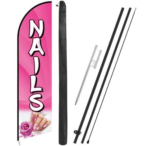 Nails Feather Flag 11 Ft Advertising Swooper Flag Banner with Flag Pole and Ground Stake Windless Shop Sign for Retail Store Outdoor Business