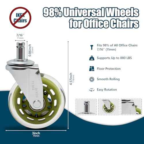 3" Office Chair Wheels Replacement, Roller Blade Wheels - Set of 5, 880LBS Heavy Duty, Noiseless & Rolling Casters (Hardwood/Carpet/Tile), Universal Fit Most Desk & Gaming Chairs, Transparent