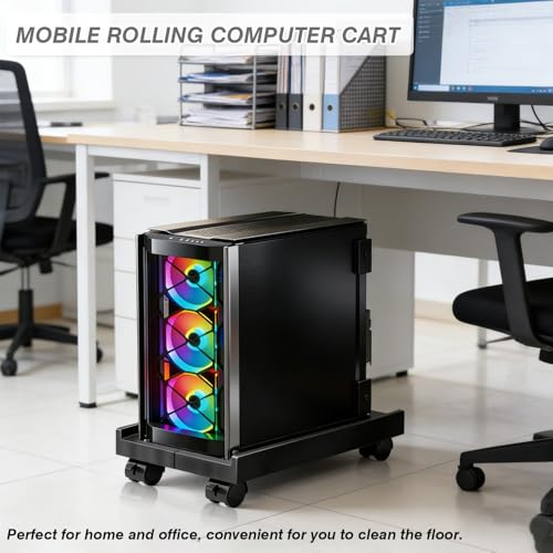 Hmfmdy Black Adjustable Mobile CPU Stand with Locking Casters, Under-Desk Computer Tower Cart