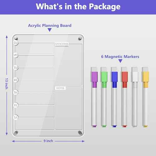 Acrylic Meal Planner Magnetic Menu Board for Kitchen Fridge, 13"x9" Clear Weekly Calendar Planning Board Noteboard Refrigerator Dry Erase Board to Do/Grocery/Shopping Lis Includes 6 Markers