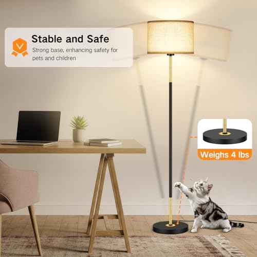 OUTON Mid Century Modern Floor Lamp for Living Room - 60" Tall Black & Gold Standing Lamp with Linen Shade, 3 Color Temperatures, Foot Switch, Easy Assembly (Bulb Included)