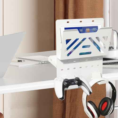 MAXECHO Desk Side Storage Holder, Metal Pegboard, Above or Under Desk Laptop Mount, Table Side Hanging File Organizer, Clamp On Cable Management Tray, Peg Board for Gaming, Office
