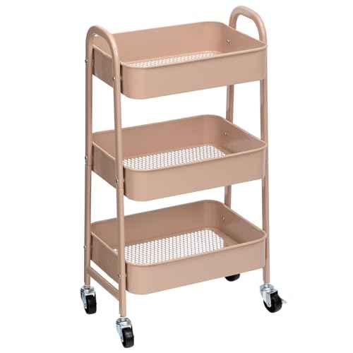 AGTEK Makeup Cart, Movable Rolling Organizer Cart, 3 Tier Metal Utility Cart with Lockable Wheels for Home & Office, Milk Tea
