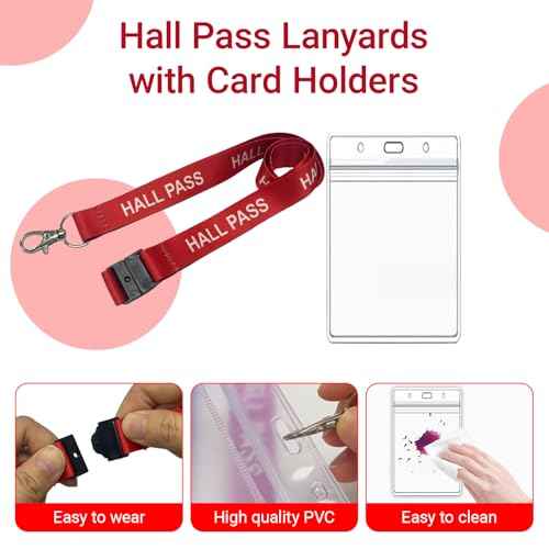 Hall Pass Lanyards with Card Holders, School Classroom Passes Lanyard Set for Teacher Parents (10 x Red)