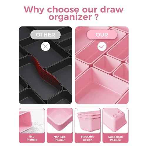 25 PCS Plastic Drawer Organizers Set, 4-Sizes Vanity and Makeup Organizer, Desk and bathroom Drawer Organizer Trays, Organizers and Storage for Makeup, Jewelry, Gadgets, Utensils (Pink)