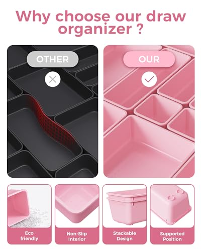 BiuLeon 25PCS Pink Plastic Drawer Organizer Set for Makeup & Jewelry Storage