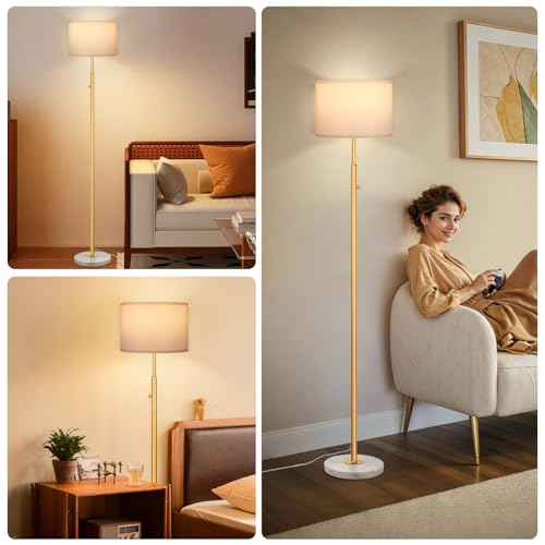63.7" Modern Floor Lamp with White Marble Base & Linen Shade, Dimmable Tall Standing Lamp for Living Room & Bedroom, Gold Pole Light with 9W LED Bulb for Office Reading