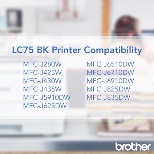 Brother Genuine High Yield Black Ink Cartridge, LC75BK, Replacement Black Ink, Page Yield Up To 600 Pages, LC75