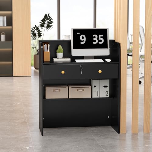 OmySalon Black 32" Reception Desk with Lockable Drawer, Modern Wooden Front Counter for Salon & Office
