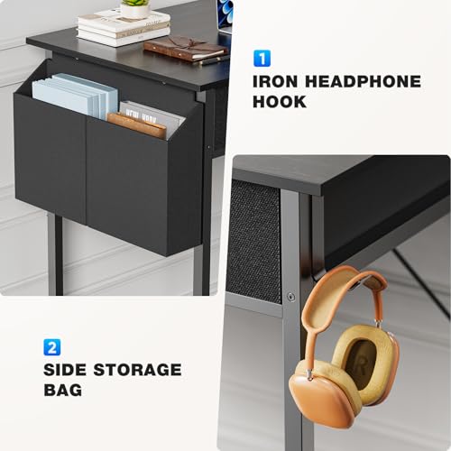 OLIXIS 32 Inch Small Desk with Drawers, Home Office Computer Desk with Storage Bag and Headphone Hook, Study Writing Table with Adjustable Feet for Bedroom, Black