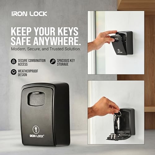Iron Lock XXL Wall Mount Key Lock Box - Outdoor Combination Safe, 20-30 Keys, Black, 2X-Large