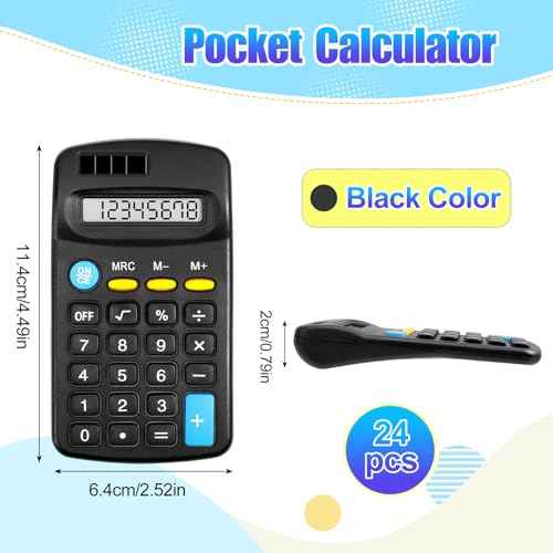24 Pieces Pocket Calculator,Pocket Size Mini Calculators,Solar Battery Dual Power Function Calculator,8 Digit Display Basic Calculator for Students Kids Home Office(Black)