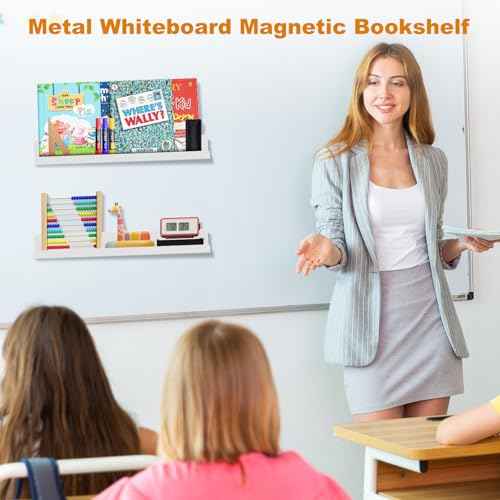 2 Pack Magnetic Book Shelf for Whiteboard - 17 Inch Reusable Metal Magnetic Shelves, Holds 12 lbs, Magnetic Book Display for Classrooms, Kitchen, Kids' Room - New White