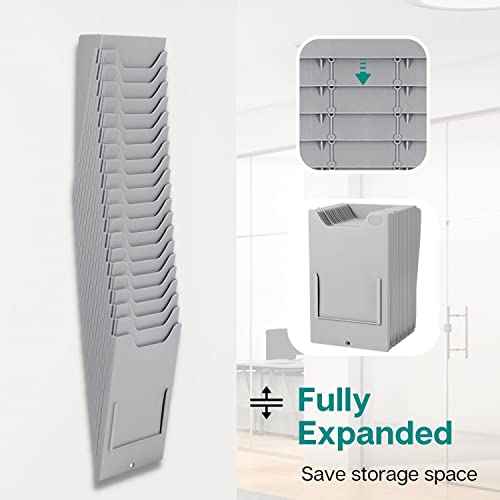 Flexzion Time Card Holder Wall Mount Expandable Time Clock Rack Single Row 20 Slot Rack Card Holder for 7 x 4.6-Inch Timesheets for Attendance Payroll Employee Assignment in Out Timecard Rack, Gray