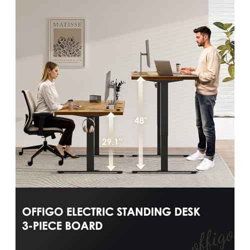 OffiGo Electric Standing Desk with 3-Piece Board, 71 Inch Height Adjustable Large Desk with Power Outlets, Sit Stand Table, Writing Computer Desk for Home, Office, Workstation, Rustic Brown