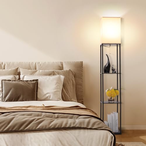 Gupuzm Black Floor Lamp with Shelves, Modern Corner Bookcase & Storage
