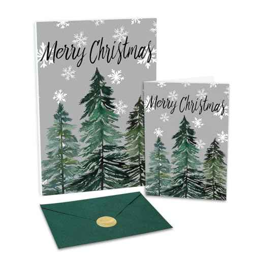 GEEORY Boxed Christmas Greeting Cards 5" x 7" Watercolor Xmas Tree & Snowflake (24 with Envelopes & Stickers) | Bulk Holiday Cards for Winter Gifting Green Grey GH003