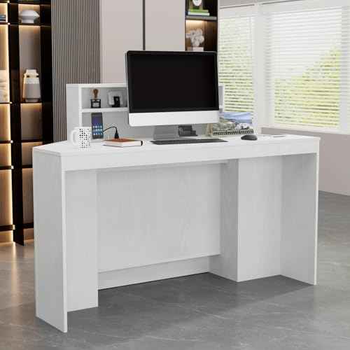 VOWNER 39.3" H Modern Reception Desk with LED Lighting, Office Counter with Display Cabinet, Secretary Desk with Power Outlets ? Front Desk for Salon, Lobby (55.1" W x 21.2" D x 39.3" H) (White)