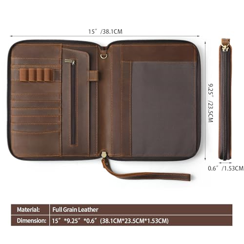 Ringsun Genuine Leather Portfolio with Zipper, Padfolio Portfolio Organizer Folder for Men Women, Professional Business Card Holder for A5 Letter Size Notepad, Resume, Writing Pad, Pen Loop