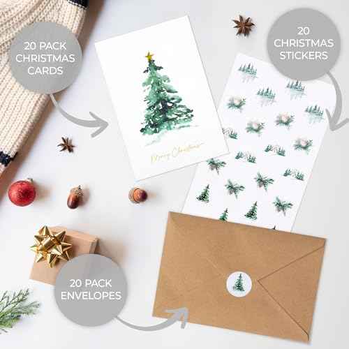 ZICOTO Beautiful Christmas Cards Set of 20 with Watercolor Designs - Incl. Bulk Envelopes, Matching Stickers And Storage Box - Perfect to Send Warm Holiday Wishes to Friends and Family