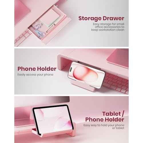 Pink Monitor Stand Riser, Klearlook Foldable, Height Adjustable Computer Stand, Desk Shelf Riser with Storage Drawer &Tablet Phone Stand for Desktop, Laptop