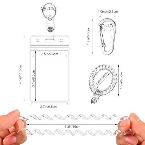 Wrist Coil ID Badge Holder with Multitool Aluminum Carabiner Clip,Stretchable Spiral Wristband Key Ring,for Lanyard Outdoor Camping Cruise (Clear Vertical, PVC)