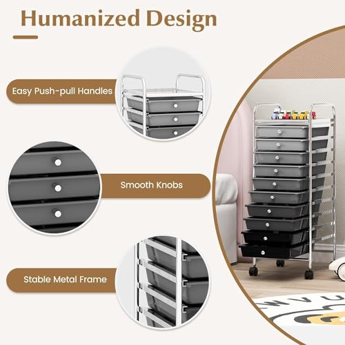 10 Drawers Rolling Storage Cart, Mobile Utility Cart, Sundries Storage Cart w/Lockable Casters for School, Office, Home, Multipurpose Storage Organizer Cart (Black)