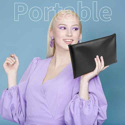 2 Pack Money Bags with Zipper, 11x6.1 Inch PU Leather Cash Pouch, Secure Bank Bag for Coins, Bills, Checks, Invoices, Cosmetics, Tools (Black)